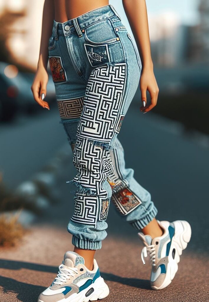 Channel your inner maze runner! Get inspired by stacked jeans with intricate detailing for a street style with a twist. #streetwear #stackedjeans #pocoko #urbanwear