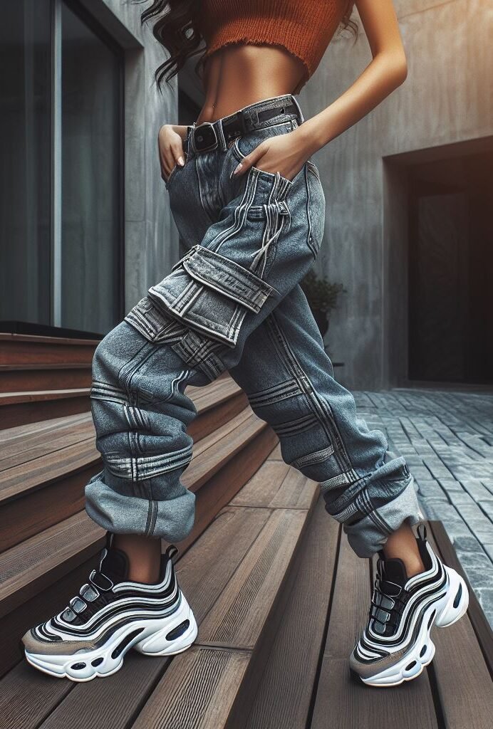 Level up your denim game! Take stacked jeans to the next level with maze-inspired patterns for a bold and unforgettable look. #stackedjeans #pocoko #fashion #streetwear