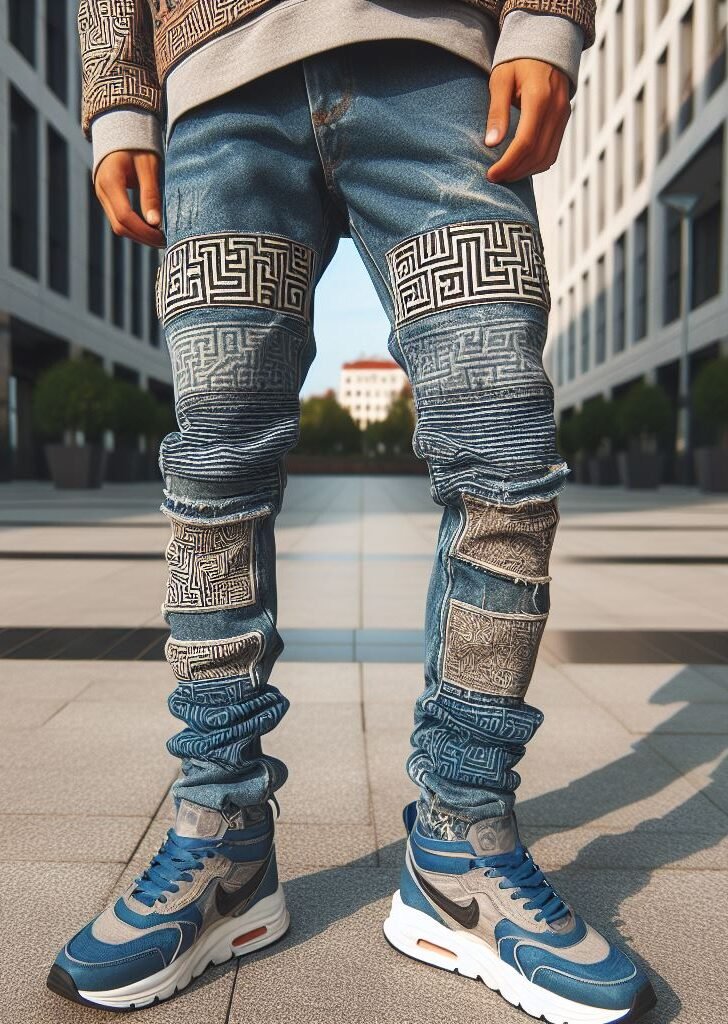 More than just denim! Maze-detailed stacked jeans are a statement piece that elevates your streetwear look. Get inspired! #stackedjeans #pocoko #urbanwear #streetwear