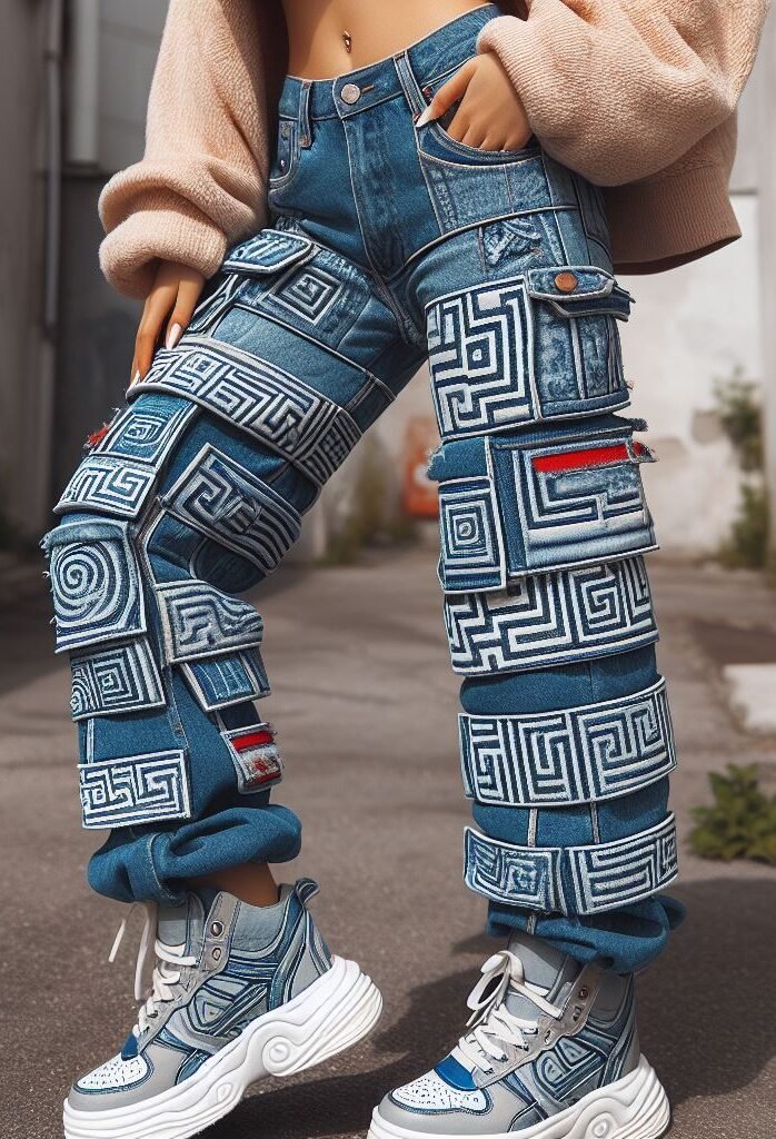 Stack 'em high, detail 'em bold! Explore the latest trend in stacked jeans - intricate maze designs for a truly unique street style expression. #stackedjeans #pocoko #streetwear #fashion