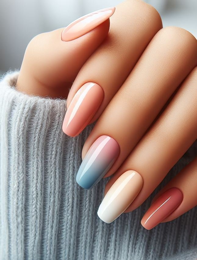 Get lost in the beauty of pastel gradients. These ombre nails blend multiple colors into one stunning masterpiece right at your fingertips!