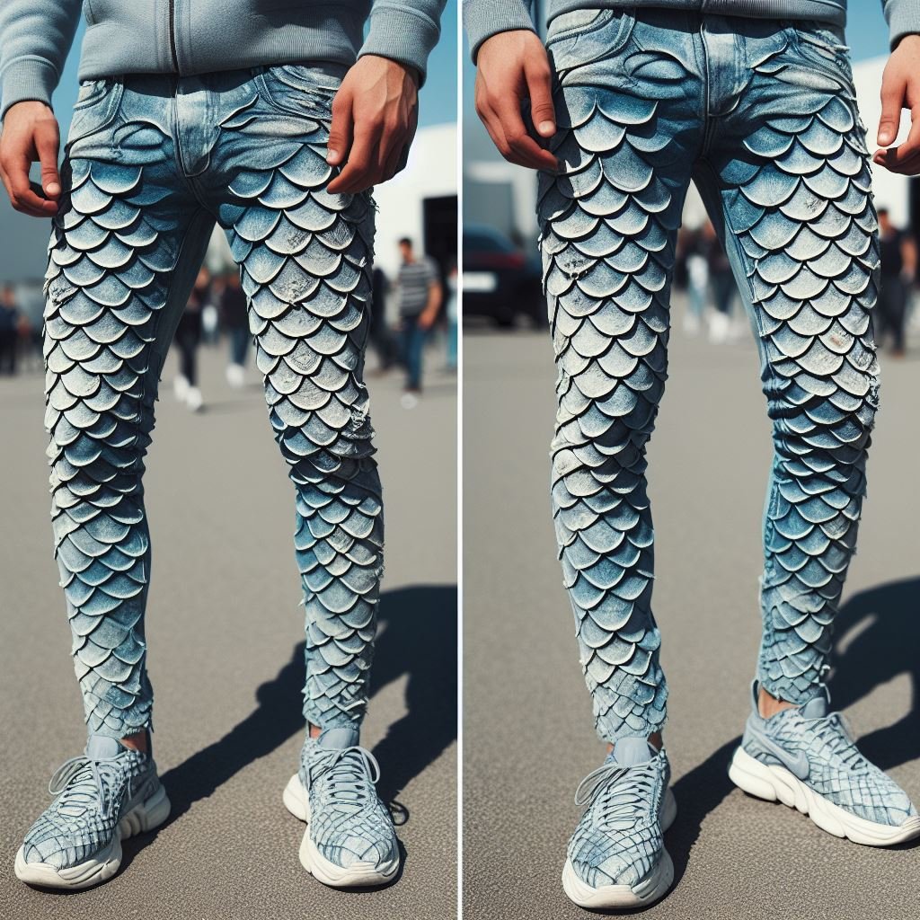 Dive into the hottest denim trend! Get inspired by stacked jeans featuring shimmering mermaid scale designs for a touch of ocean magic. #streetwear #stackedjeans #pocoko #fashion