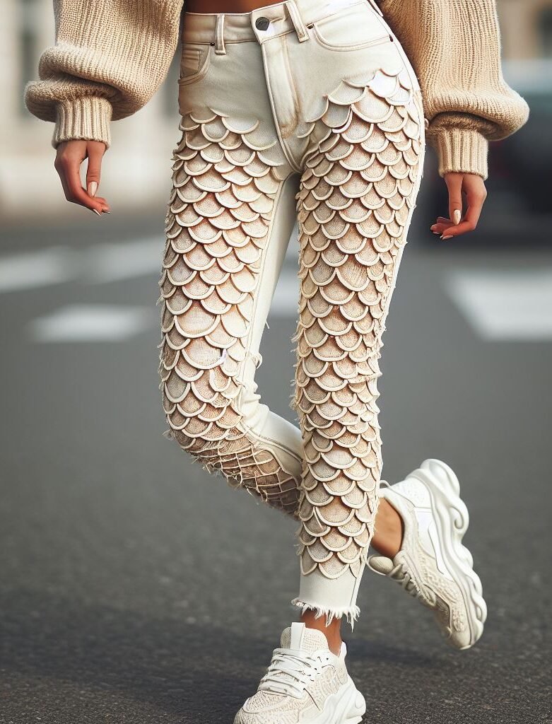 Make waves with your street style! Explore stacked jeans adorned with mermaid scale patterns for a unique and eye-catching look. #stackedjeans #pocoko #urbanwear #fashion