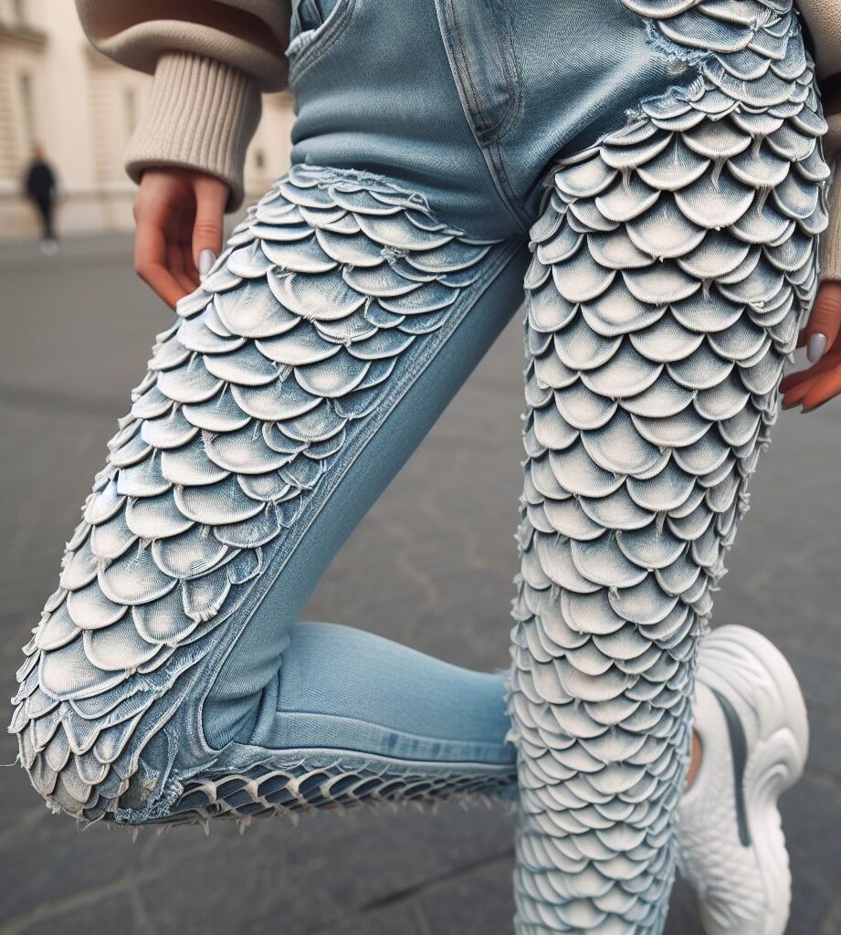 Denim gets an oceanic makeover! Explore the world of stacked jeans adorned with mermaid scale patterns for a playful twist on street style. #mermaidjeans #stackedjeans #pocoko #urbanwear