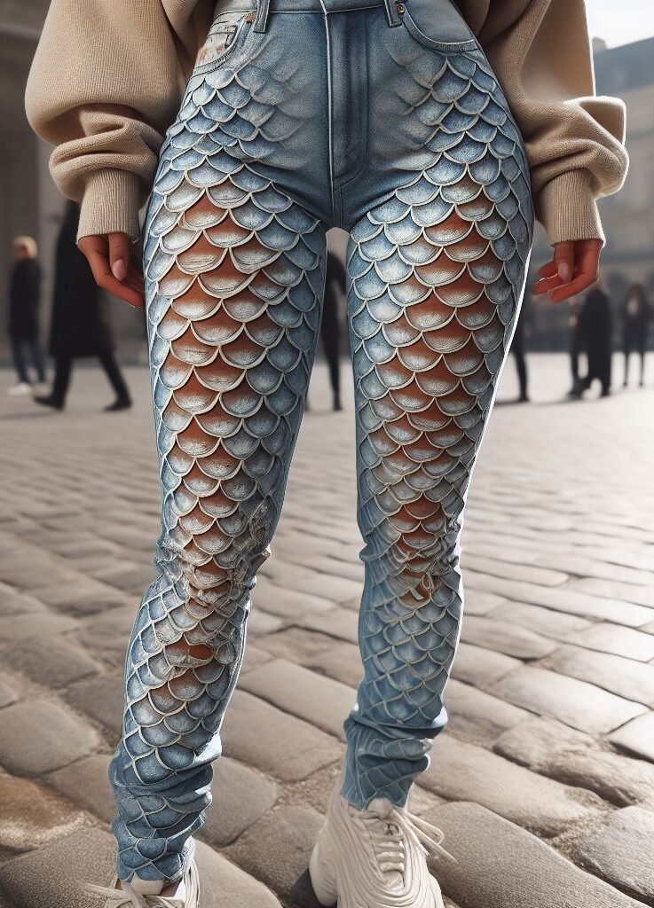 Stacked & shimmering! Discover the trend of mermaid scale stacked jeans, perfect for adding a touch of glamour to your everyday look. #mermaidjeans #stackedjeans #pocoko #fashion