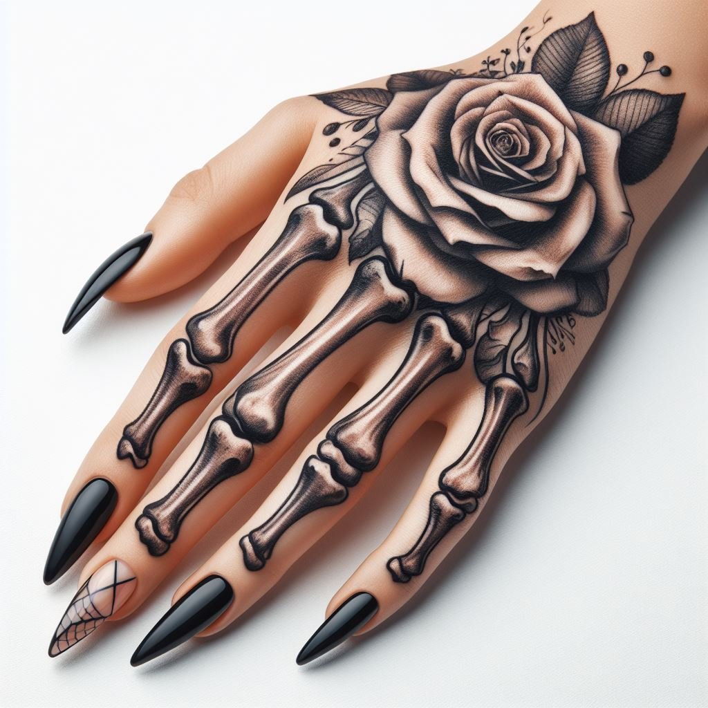 Skeleton Hand Tattoo: Unveiling the Power and Beauty of Bony Brilliance | Pocoko Beauty Blooms from Decay: This Skeleton Hand Tattoo features a captivating contrast. The meticulously detailed bones create a canvas for a vibrant rose blooming on the wrist. This design symbolizes the enduring beauty that can flourish even after death. #pocoko #skeletonhandtattoo #rosetattoo #beautyindecay