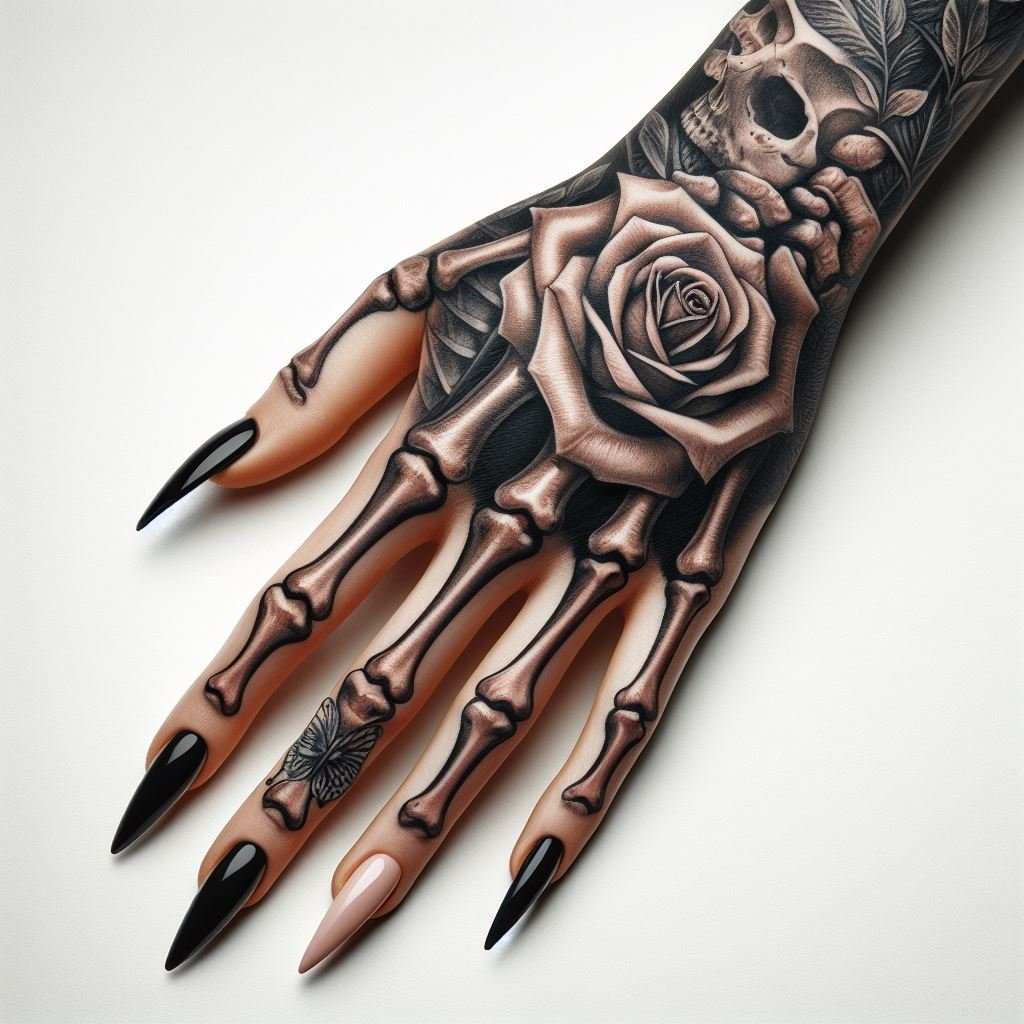 Skeleton Hand Tattoo: Unveiling the Power and Beauty of Bony Brilliance | Pocoko A Thorn Amongst the Bones: This Skeleton Hand Tattoo creates a captivating juxtaposition. The meticulously detailed bones and joints form a hand, holding a vibrant rose with a single sharp thorn. This design represents the beauty and danger that coexist in life, even in the face of death. #pocoko #skeletonhandtattoo #rosetattoo #dualitytattoo