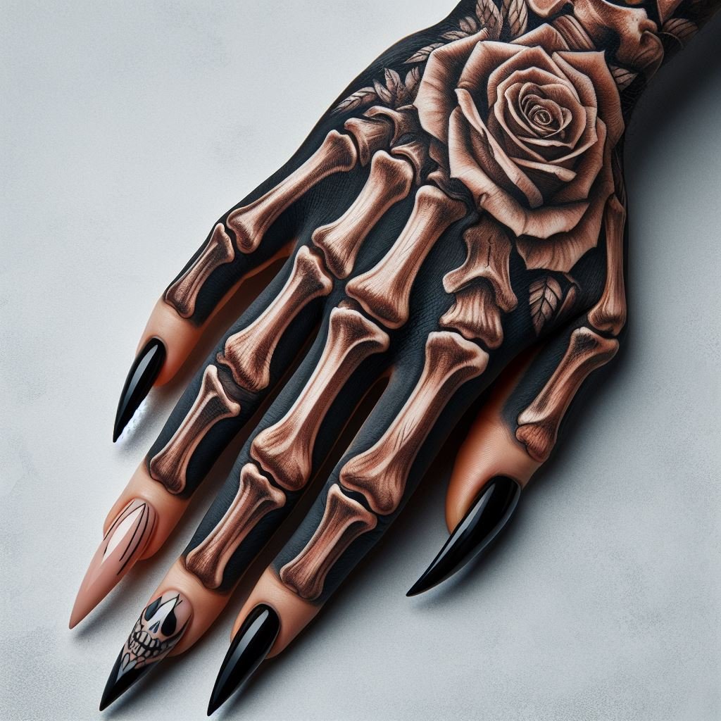 Skeleton Hand Tattoo: Unveiling the Power and Beauty of Bony Brilliance | Pocoko A Memento of Love: This Skeleton Hand Tattoo offers a personal touch. The meticulously detailed bones hold a single rose with a name or date inscribed on a petal. This design symbolizes a cherished memory of love that transcends mortality. #pocoko #skeletonhandtattoo #rosetattoo #memorialtattoo