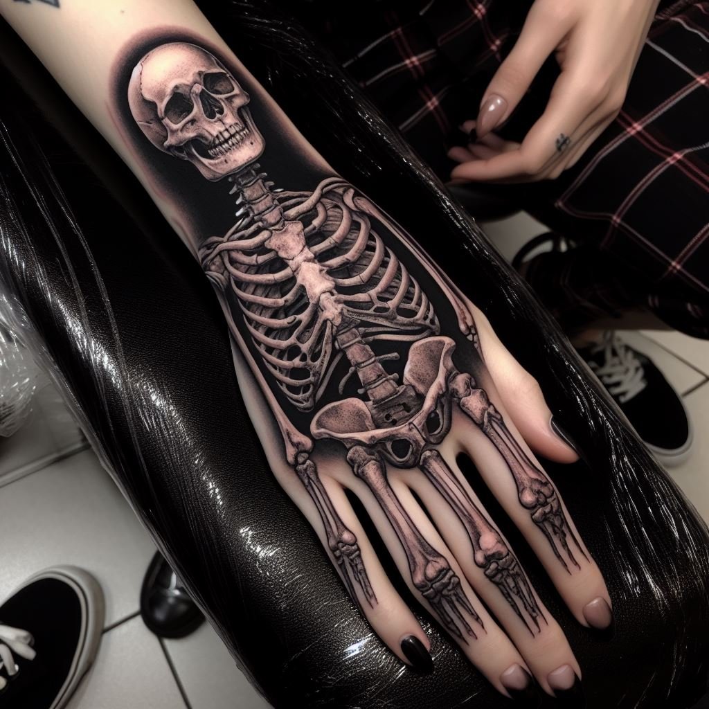 Skeleton Hand Tattoo: Unveiling the Power and Beauty of Bony Brilliance | Pocoko This Skeleton Hand Tattoo features a haunting twist. The meticulously detailed bones and joints form the hand, which grasps a detailed skull. This captivating design symbolizes the cycle of life and death, a constant reminder of mortality. #pocoko #skeletonhandtattoo #skulltattoo #mementomori
