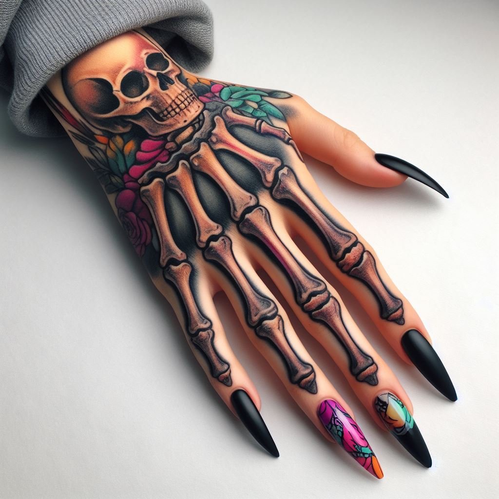 Skeleton Hand Tattoo: Unveiling the Power and Beauty of Bony Brilliance | Pocoko This Skeleton Hand Tattoo takes on a philosophical turn. The detailed bones form a hand that holds a skull, creating a stark contrast. This design symbolizes the connection between life and death, a reminder that one leads to the other. #pocoko #skeletonhandtattoo #skulltattoo #tempusfugit