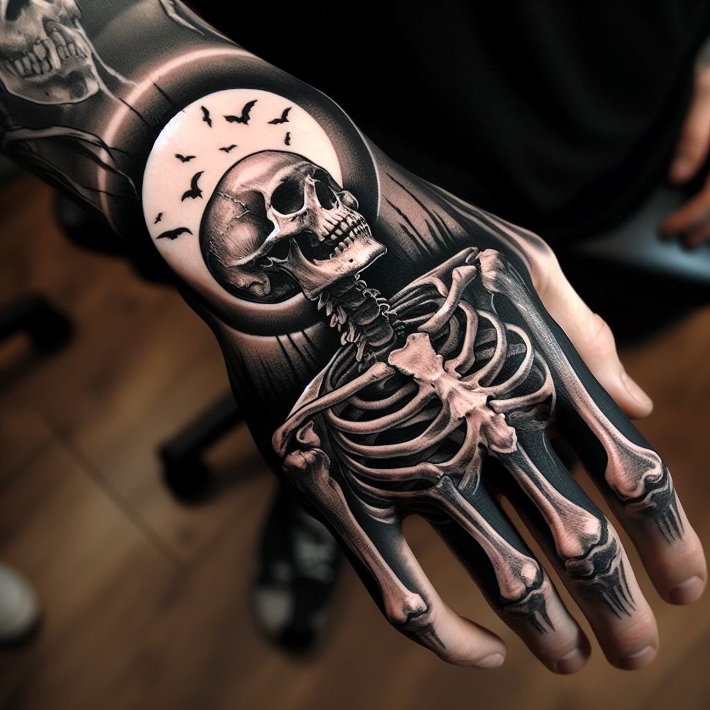 Skeleton Hand Tattoo: Unveiling the Power and Beauty of Bony Brilliance | Pocoko Death's Grip: This Skeleton Hand Tattoo features a detailed skull gripped tightly in a hand rendered with meticulously detailed bones. The design evokes a powerful image of death's inescapable hold. #pocoko #skeletonhandtattoo #skulltattoo #mortalitytattoo