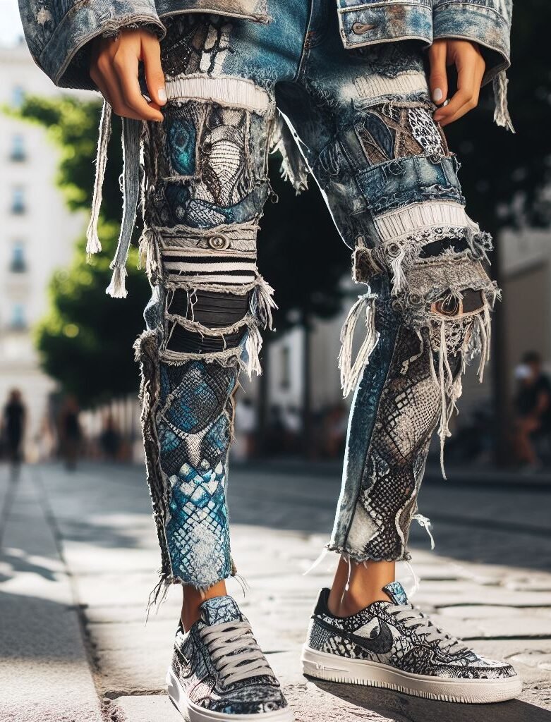Unleash your inner serpent! Explore the world of stacked jeans featuring snake-like patterns for a bold and unforgettable statement. #snakeskinjeans #stackedjeans #pocoko #urbanwear