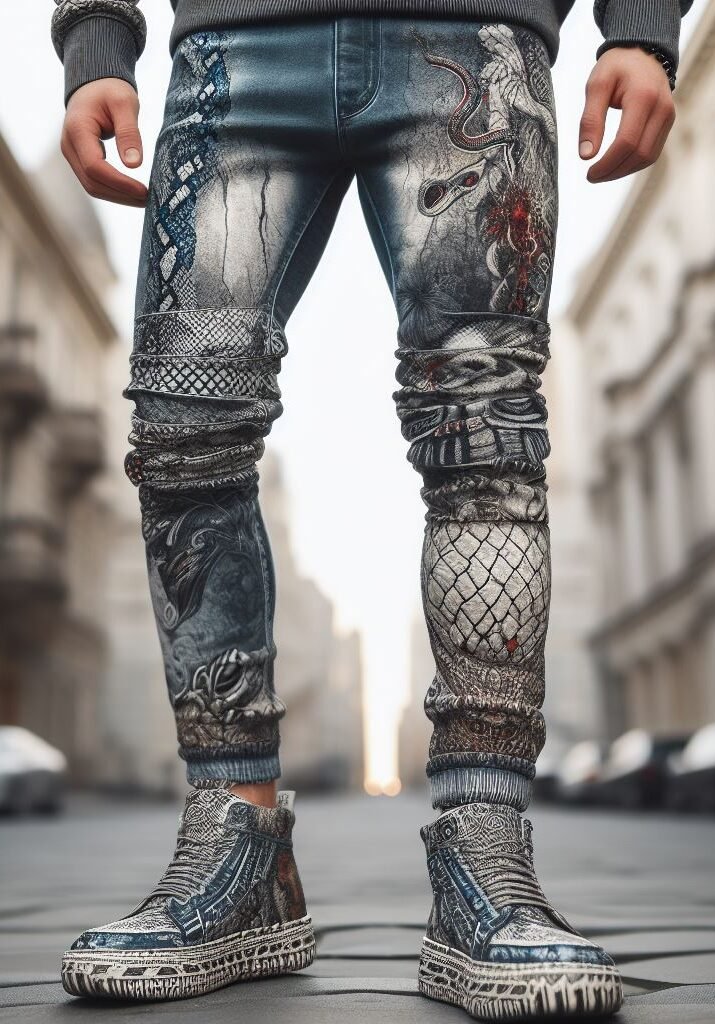 Reimagine denim! Snake-patterned stacked jeans redefine everyday wear, adding a touch of edgy texture and a bold statement to your street look. #snakeskinjeans #stackedjeans #pocoko #streetwear