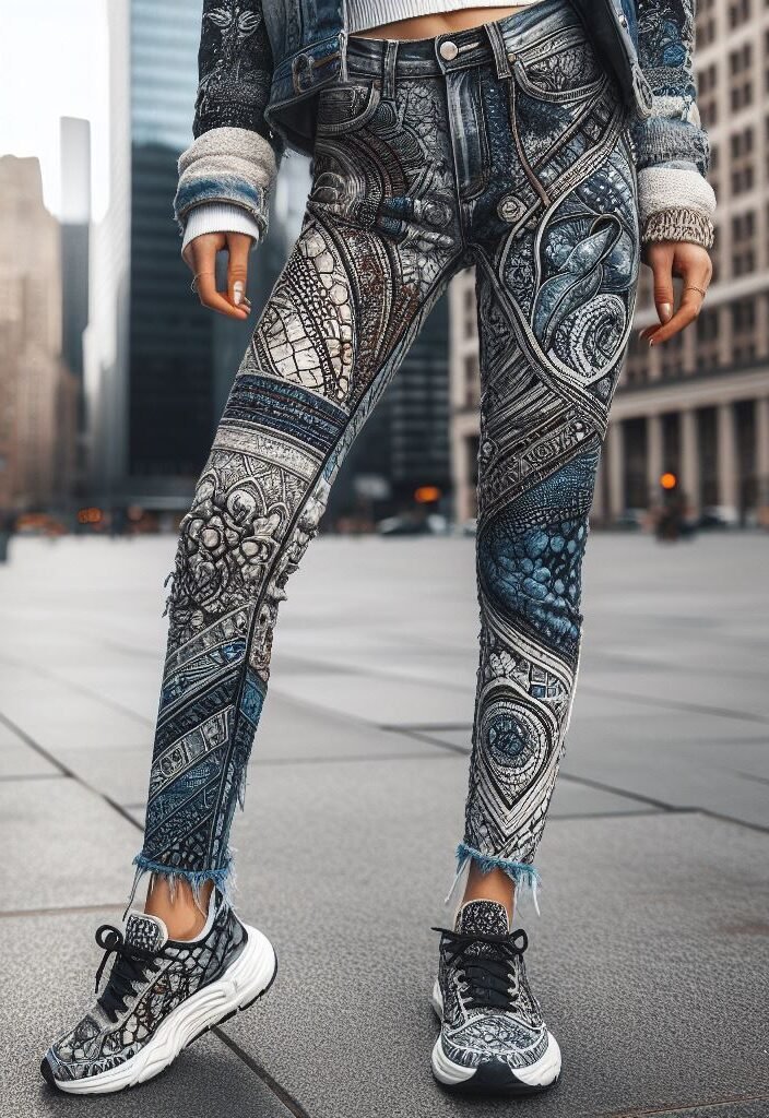 Stack 'em high, slither in style! Snake-patterned stacked jeans are the ultimate statement piece for the daring urban fashionista. #snakeskinjeans #stackedjeans #pocoko #streetwear