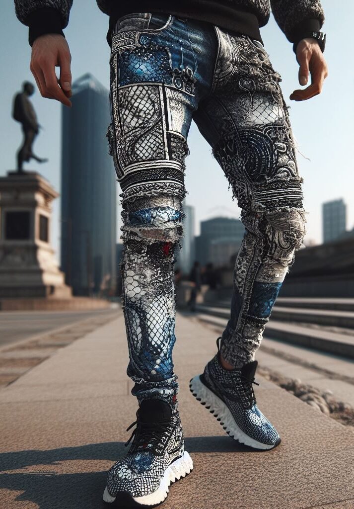 More than just denim! Snake-inspired stacked jeans elevate your streetwear look with a touch of unexpected texture. Get inspired! #snakeskinjeans #stackedjeans #pocoko #urbanwear