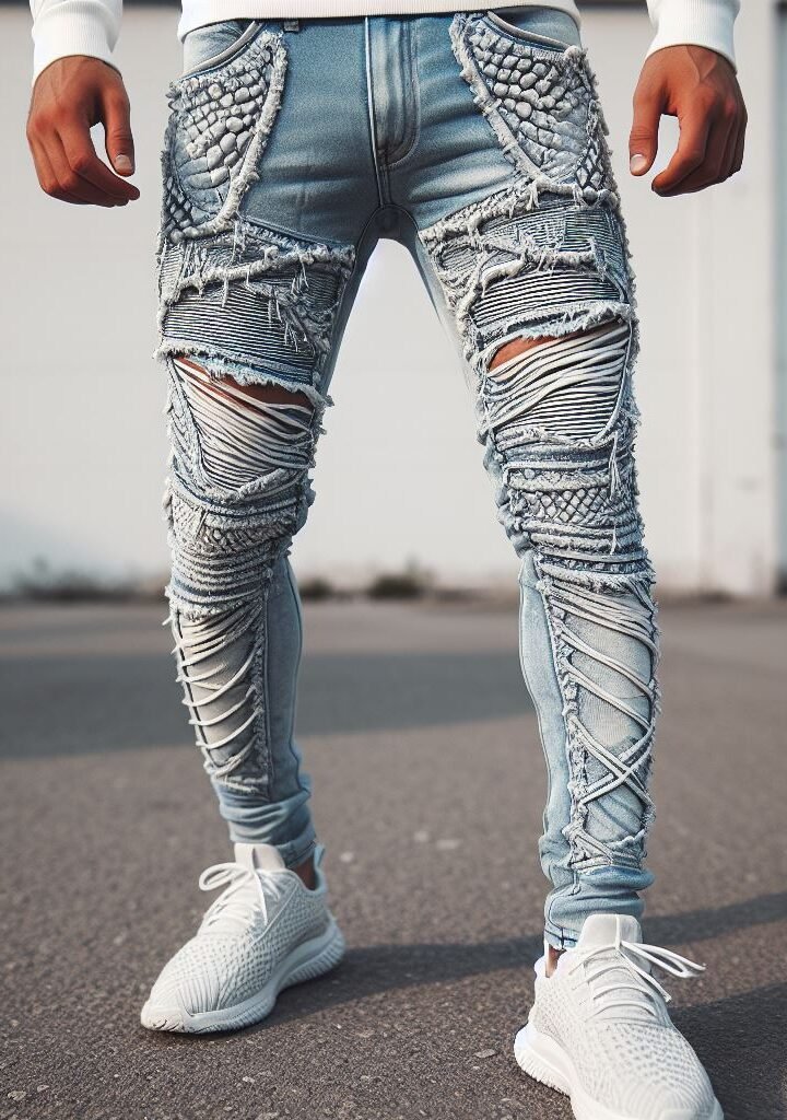 Denim gets a reptilian twist! Explore the world of stacked jeans featuring snake-like patterns for a truly unique street style expression. #snakeskinjeans #stackedjeans #pocoko #fashion