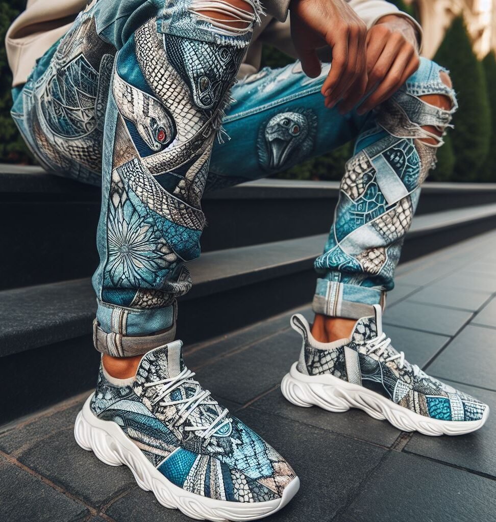 Snake it to the top of the fashion game! Discover the captivating world of snake-detailed stacked jeans and embrace your bold side. #snakeskinjeans #stackedjeans #pocoko #streetwear