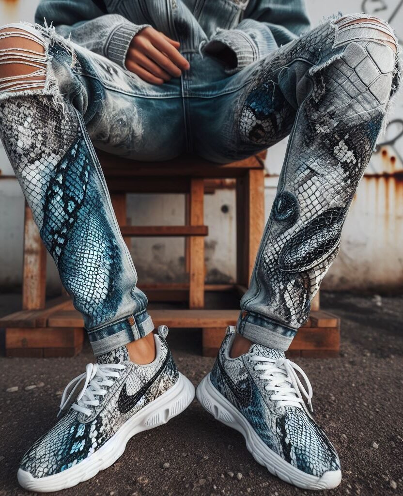 Texture takes center stage! Snake-patterned stacked jeans add a unique dimension to your everyday denim, perfect for the trendsetting urbanite. #snakeskinjeans #stackedjeans #pocoko #urbanwear