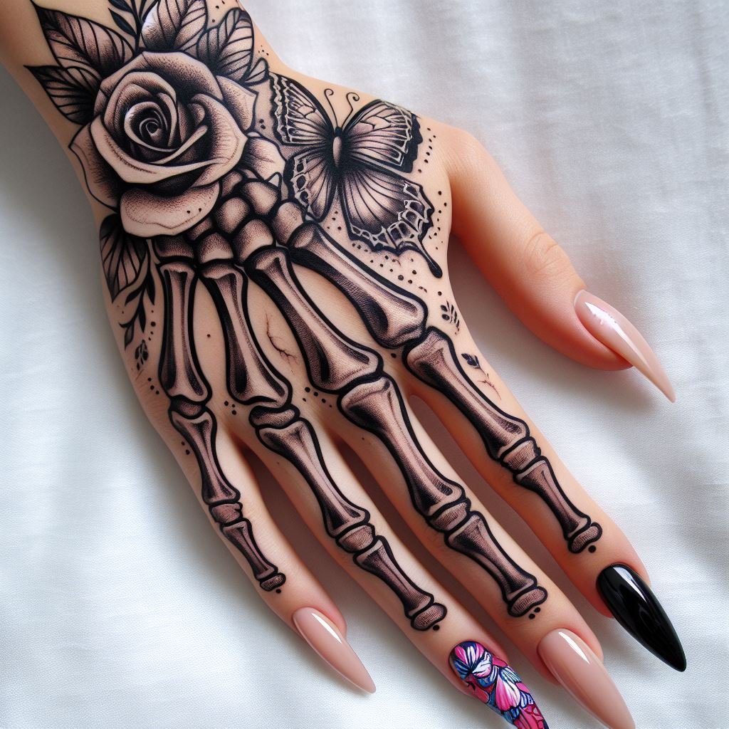 Skeleton Hand Tattoo: Unveiling the Power and Beauty of Bony Brilliance | Pocoko Duality of Life and Death: This Skeleton Hand Tattoo features a captivating contrast. The meticulously detailed bones create a canvas for a vibrant rose in full bloom on the wrist. A delicate butterfly flutters above, symbolizing the enduring beauty of life and the promise of transformation, even in the face of mortality. #pocoko #skeletonhandtattoo #rosetattoo #butterflytattoo