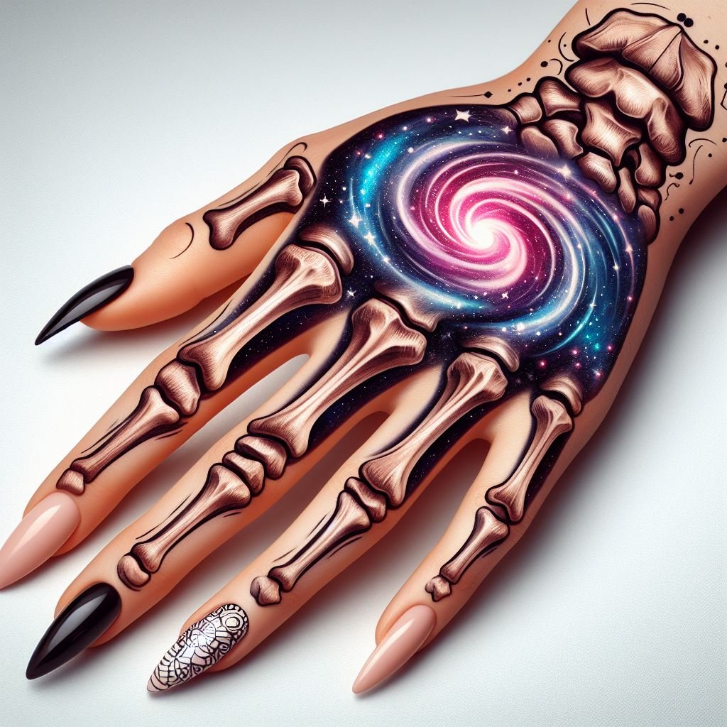 Skeleton Hand Tattoo: Unveiling the Power and Beauty of Bony Brilliance | Pocoko Mortality Meets Mystery: This Skeleton Hand Tattoo features a thought-provoking image. The meticulously detailed bones are juxtaposed with a vibrant swirling galaxy on the wrist. This design symbolizes the enduring mystery of the universe and our place within it, even beyond our mortal existence. #pocoko #skeletonhandtattoo #galaxysleeve #beyondtheveil