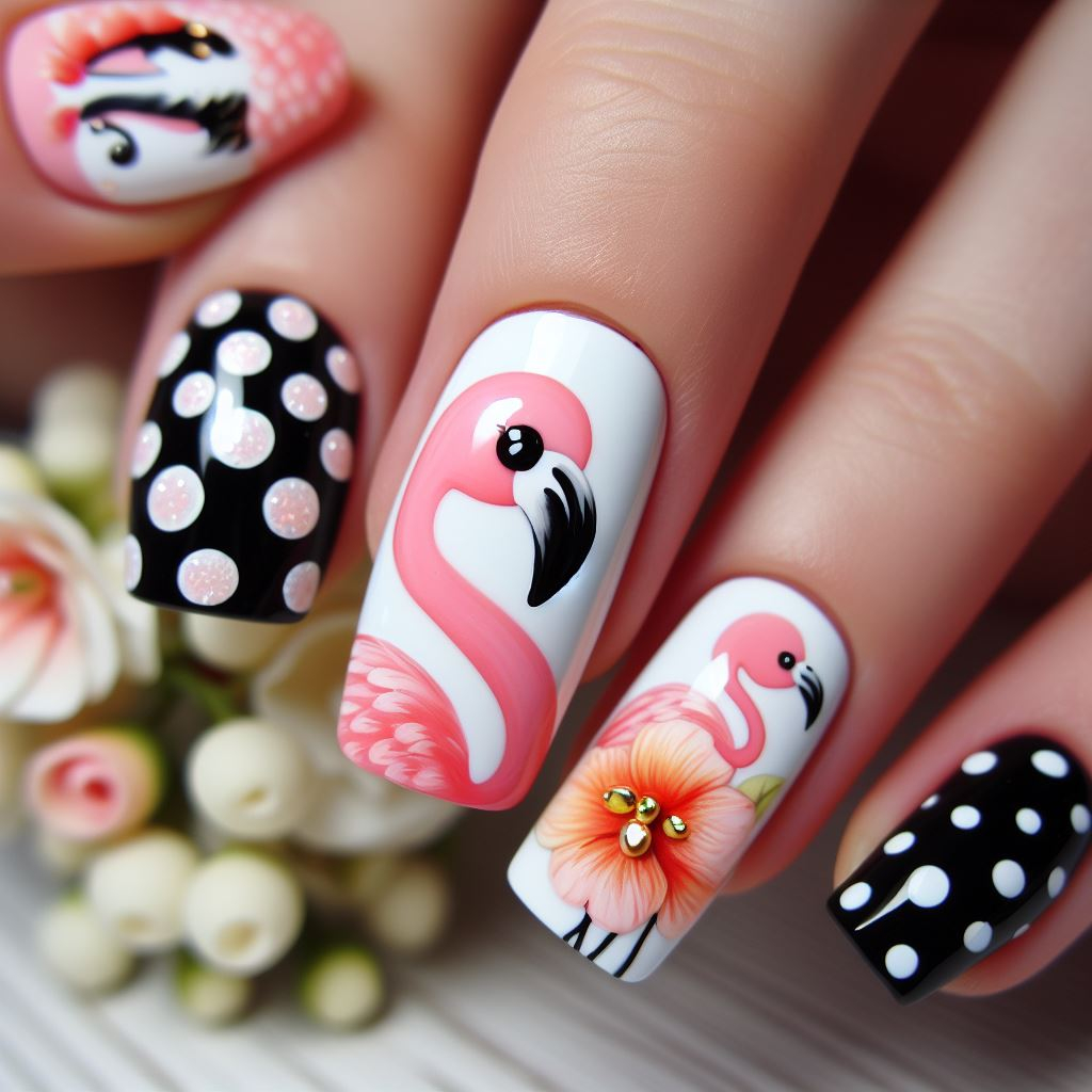  flamingo nail art with black and white colors and polka dots