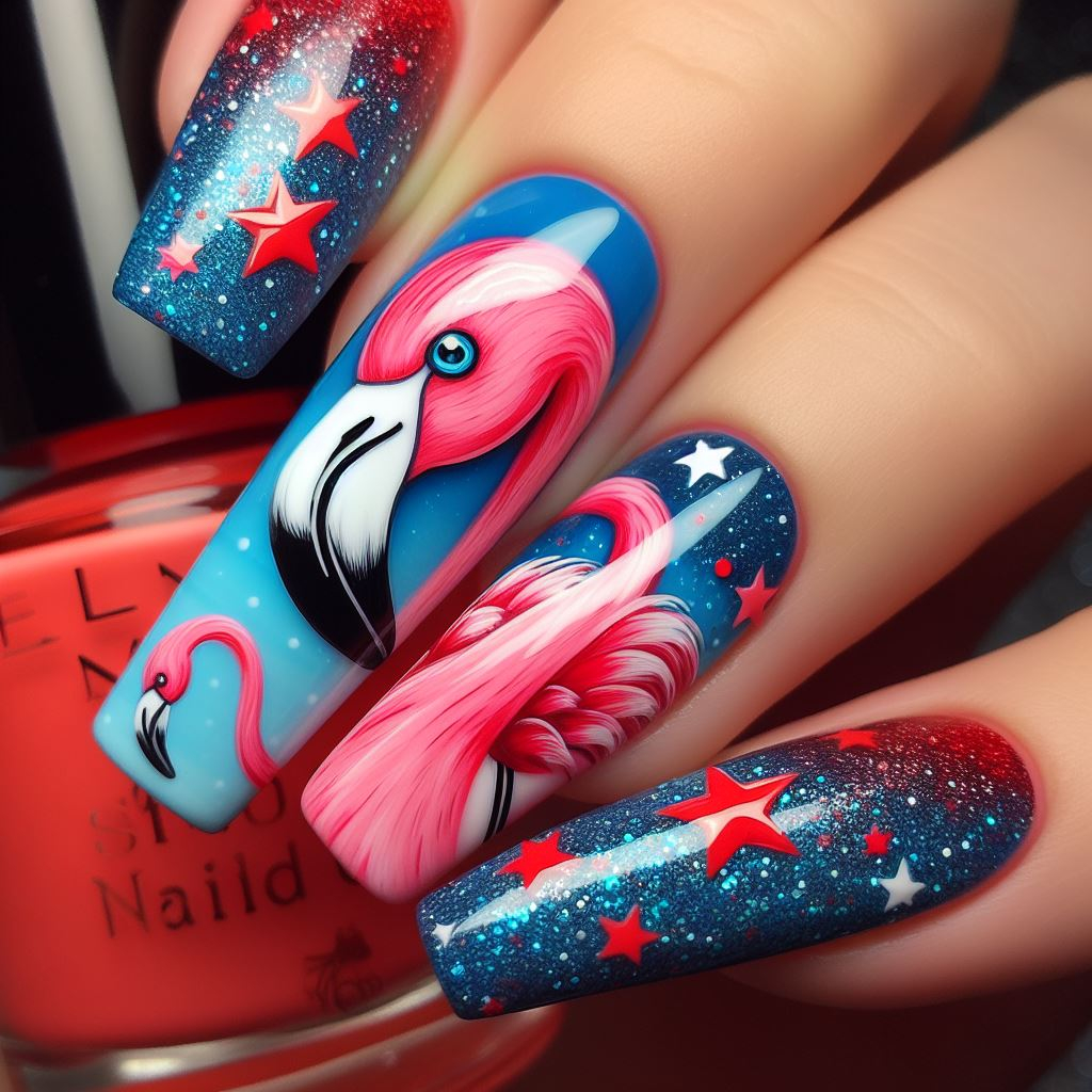 flamingo nail art with blue and red colors and stars