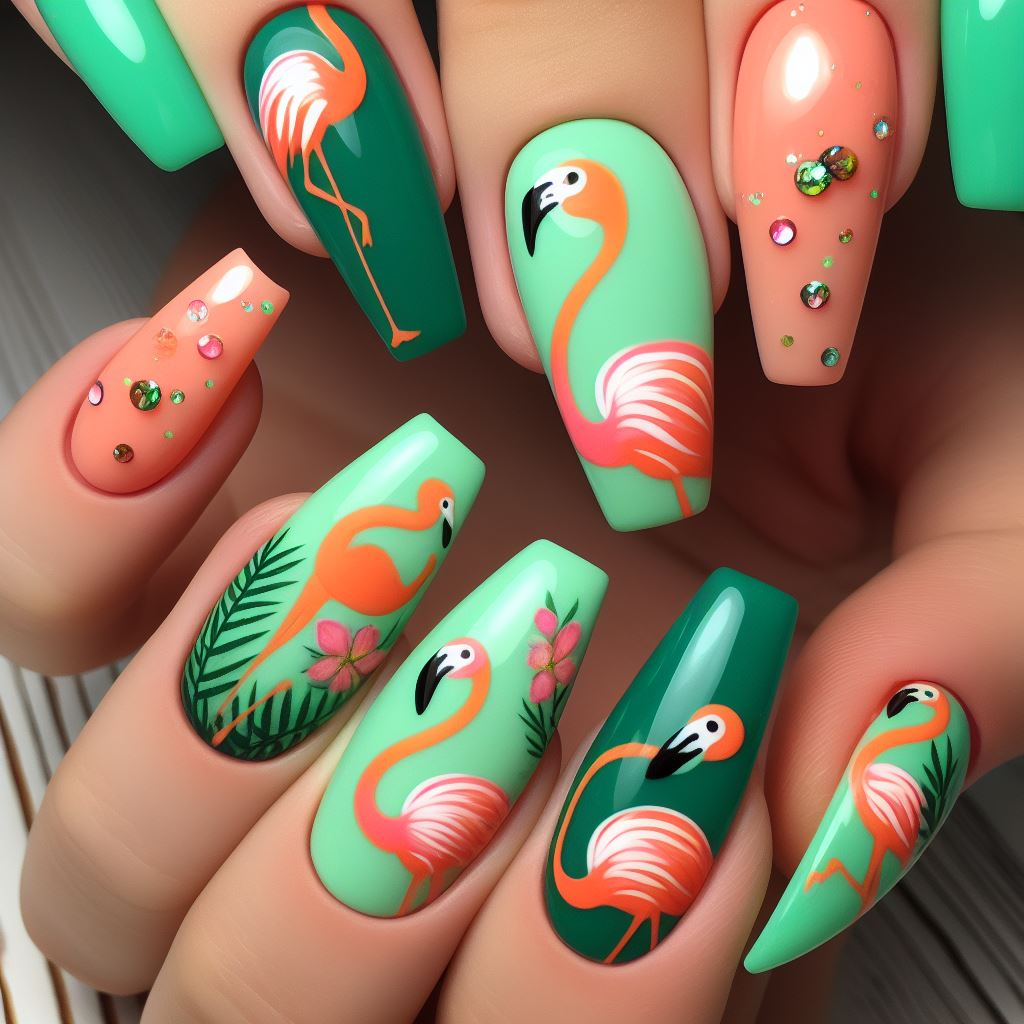  flamingo nail art with green and orange colors and flamingo stickers