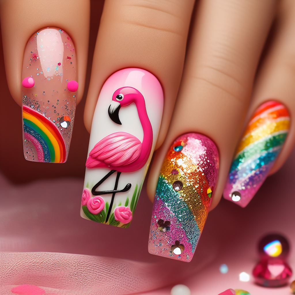 flamingo nail art with rainbow colors and glitter