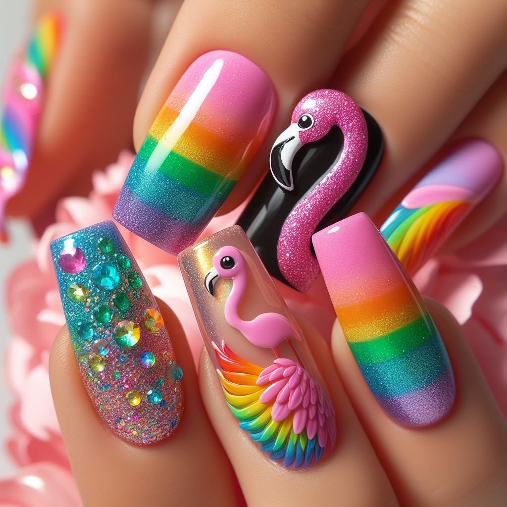 flamingo nail art with rainbow colors and glitter