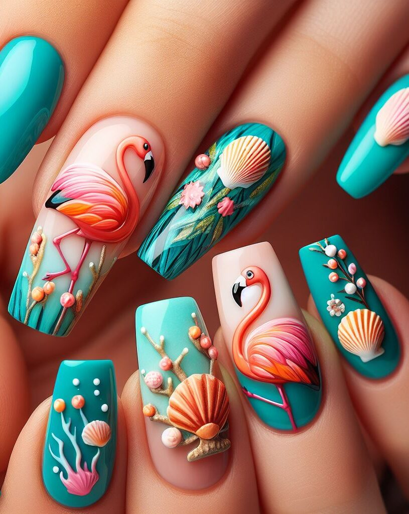 Under the sea & poolside chic! Turquoise, aqua, coral, and seashells meet a charming flamingo. This nail art design is summer perfection. #nailart #flamingonailart #nails #pocoko #nailartideas #summernails