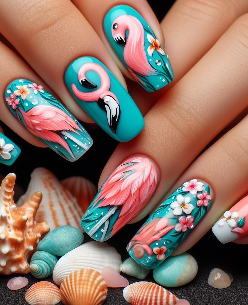 Flamingo by the sea! This vibrant nail art combines turquoise & aqua with flamingos, corals, and shells for a touch of summer magic. #nailart #flamingonailart #nails #pocoko #summernails #tropicalnails