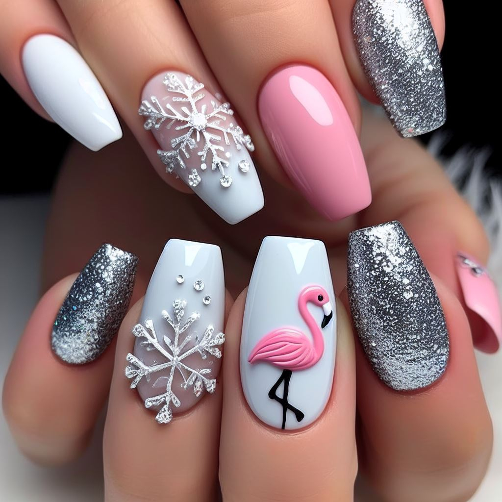 flamingo nail art with white and silver colors and snowflakes