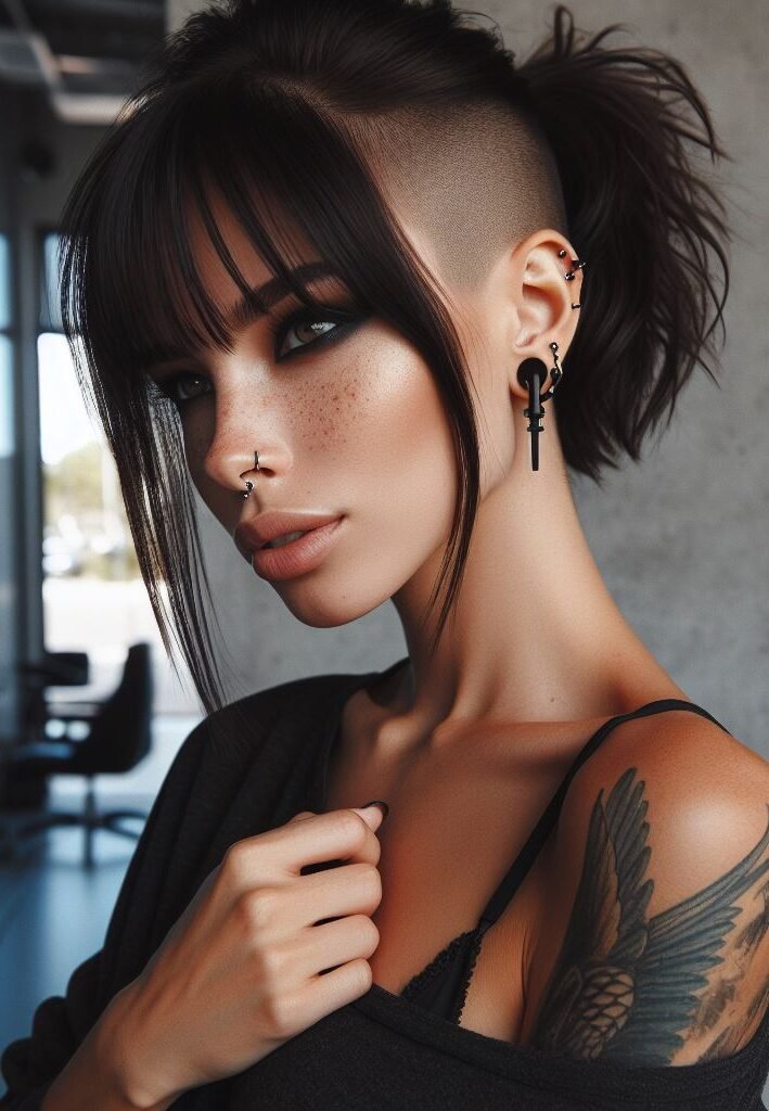Double the sass! This hairstyle pairs effortlessly cool curtain bangs with a fierce side shave. It's the perfect blend of feminine and edgy, guaranteed to turn heads and show off your bold personality. Embrace your inner rockstar with this statement look! #pocoko #curtainbangs #sideshavewithbangs #edgyhairstyles