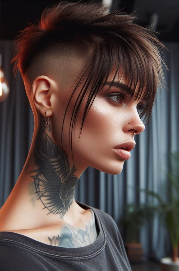 Cyberpunk princess! Wispy curtain bangs frame the face, contrasting with a sharp, futuristic side shave. This hairstyle is a bold statement, perfect for those who embrace a rebellious and cutting-edge aesthetic. #pocoko #curtainbangs #futuristicshave #cyberpunkhair