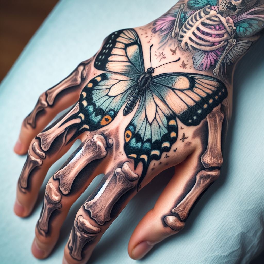 Skeleton Hand Tattoo: Unveiling the Power and Beauty of Bony Brilliance | Pocoko Transformation's Touch: This hauntingly beautiful Skeleton Hand Tattoo showcases a transformation. The meticulously detailed bones seem to cradle a delicate pastel butterfly, symbolizing the constant change and rebirth of life. #pocoko #skeletonhandtattoo #butterflytattoo #lifecycles