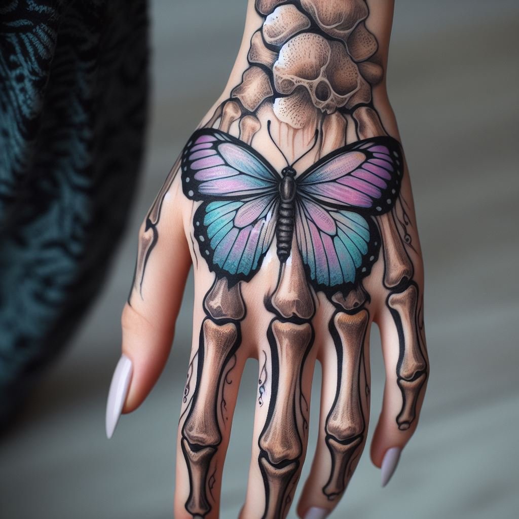 Skeleton Hand Tattoo: Unveiling the Power and Beauty of Bony Brilliance | Pocoko A Soul Taking Flight: This Skeleton Hand Tattoo depicts a journey beyond. The meticulously detailed bones reach out, seemingly releasing a vibrant pastel butterfly. This design symbolizes the soul's potential flight after death, a whimsical transformation. #pocoko #skeletonhandtattoo #butterflytattoo #soulsjourney