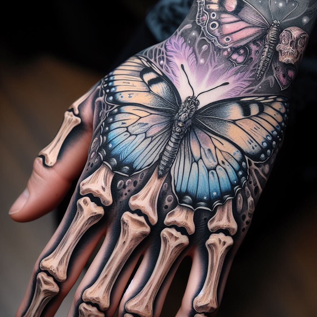 Skeleton Hand Tattoo: Unveiling the Power and Beauty of Bony Brilliance | Pocoko Beyond the Veil, Hope Blooms: This captivating Skeleton Hand Tattoo features a vibrant pastel butterfly perched on the meticulously detailed bones. The design symbolizes the potential for hope and beauty to exist even beyond the veil of death. #pocoko #skeletonhandtattoo #butterflytattoo #afterlifetatto