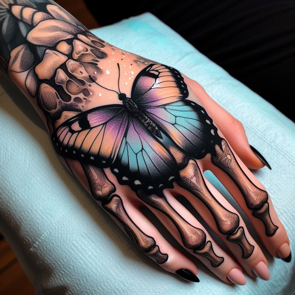 Skeleton Hand Tattoo: Unveiling the Power and Beauty of Bony Brilliance | Pocoko A Touch of Magic: This Skeleton Hand Tattoo features a touch of whimsy. The meticulously detailed bones create a canvas for a vibrant pastel butterfly, almost magical in its appearance. This design symbolizes the enduring ability to find beauty and wonder in life, even in the face of death. #pocoko #skeletonhandtattoo #butterflytattoo #magicoftattoo