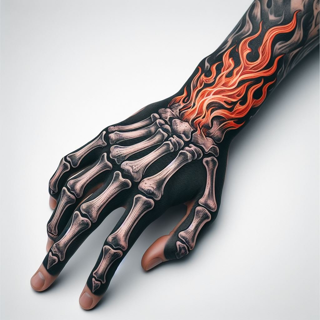 Skeleton Hand Tattoo: Unveiling the Power and Beauty of Bony Brilliance | Pocoko Life's Transformation: This captivating Skeleton Hand Tattoo showcases a transformation. The meticulously detailed bones seamlessly transition into vibrant flames erupting from the wrist. This design symbolizes the constant change and transformation of life, even after death. #pocoko #skeletonhandtattoo #flametattoo #lifetransformation
