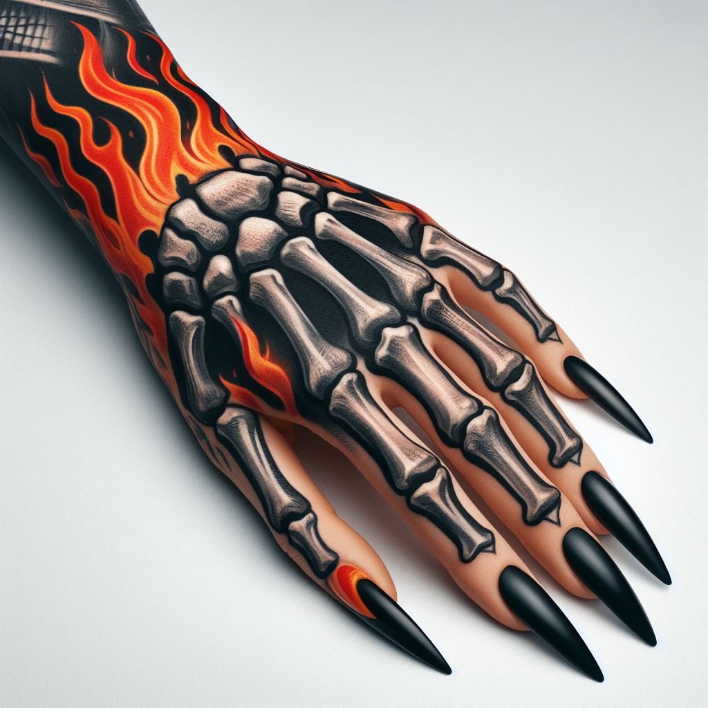 Skeleton Hand Tattoo: Unveiling the Power and Beauty of Bony Brilliance | Pocoko A Soul's Ascension: This Skeleton Hand Tattoo depicts a journey beyond. The meticulously detailed bones reach towards the sky, engulfed in vibrant flames. This design symbolizes the soul's potential ascension after death, a fiery transformation. #pocoko #skeletonhandtattoo #flametattoo #soulsjourney