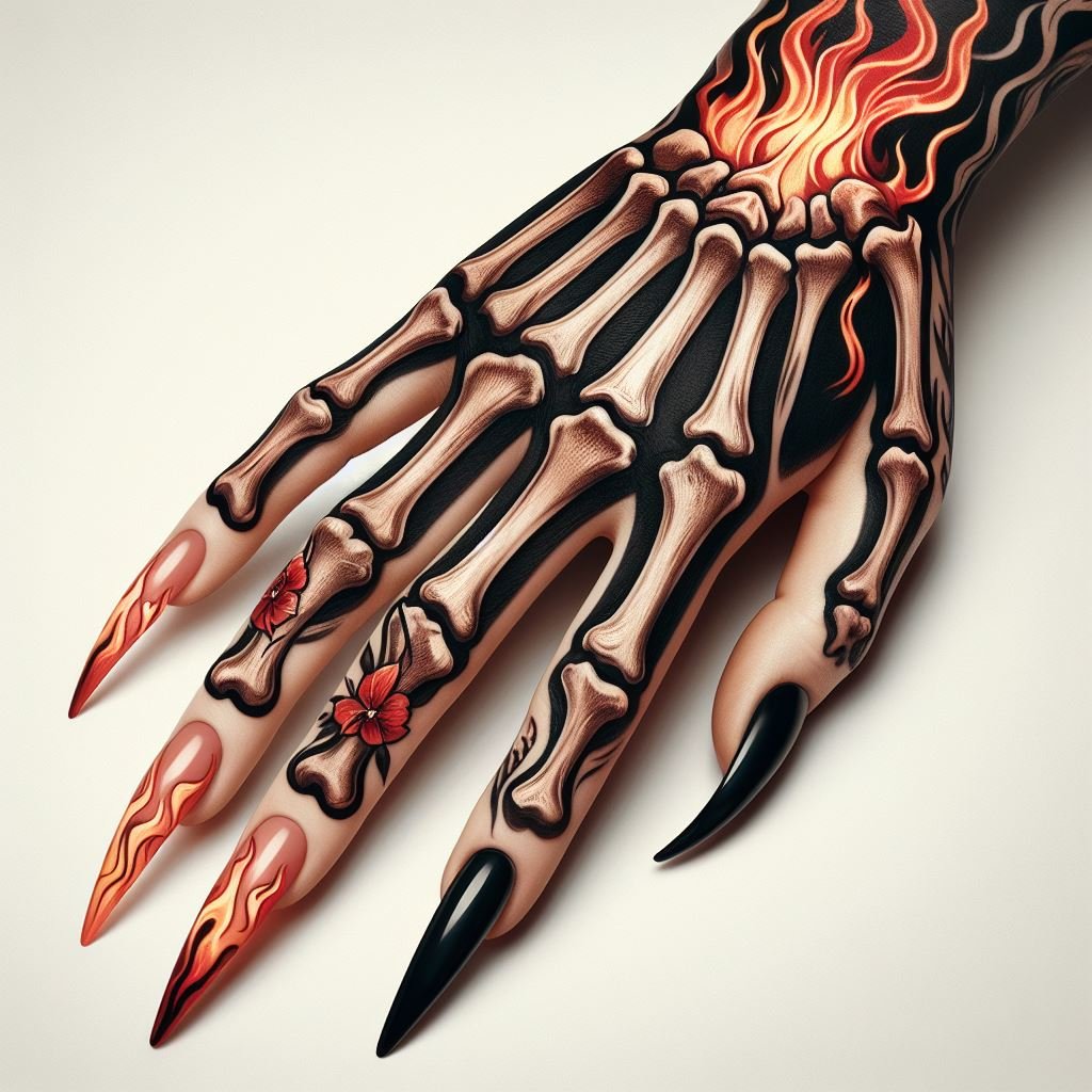 Skeleton Hand Tattoo: Unveiling the Power and Beauty of Bony Brilliance | Pocoko Dance With Mortality: This Skeleton Hand Tattoo depicts a thrilling encounter. The meticulously detailed bones reach out, seemingly dancing with the vibrant flames erupting from the wrist. This design symbolizes embracing the fleeting nature of life with passion and courage. #pocoko #skeletonhandtattoo #flametattoo #embracingmortality