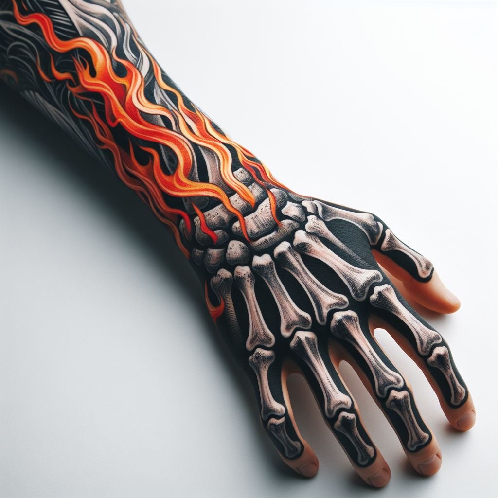 Skeleton Hand Tattoo: Unveiling the Power and Beauty of Bony Brilliance | Pocoko Eternal Flame of Life: This Skeleton Hand Tattoo holds a hidden meaning. The meticulously detailed bones gently cradle a flicker of flame at the wrist. This design symbolizes the enduring spark of life that continues to burn even after death. #pocoko #skeletonhandtattoo #flametattoo #lifeafterdeath