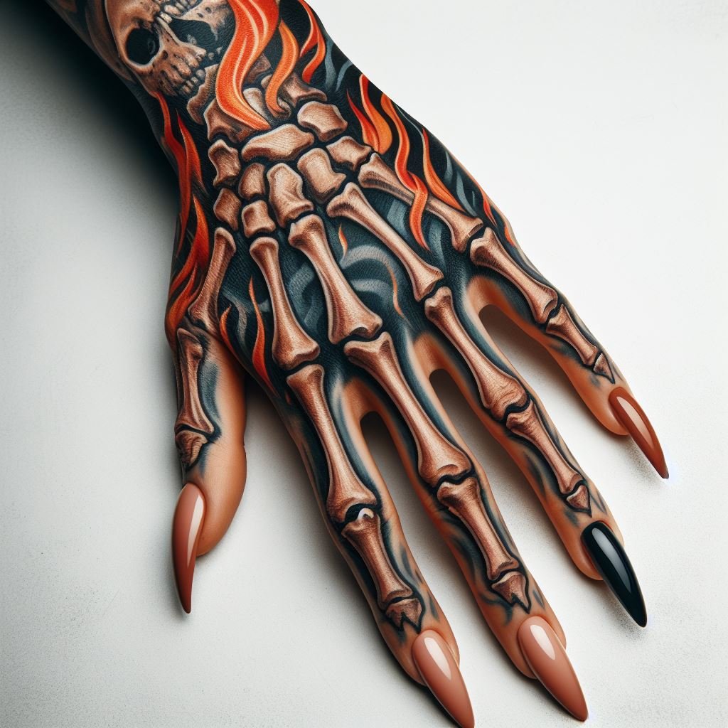 Skeleton Hand Tattoo: Unveiling the Power and Beauty of Bony Brilliance | Pocoko Life's Fiery Spirit: This Skeleton Hand Tattoo exudes power. The meticulously detailed bones and the vibrant flames erupting from the wrist create a captivating image. This design symbolizes the enduring spirit that burns brightly throughout life and beyond. #pocoko #skeletonhandtattoo #flametattoo #fieryspirit