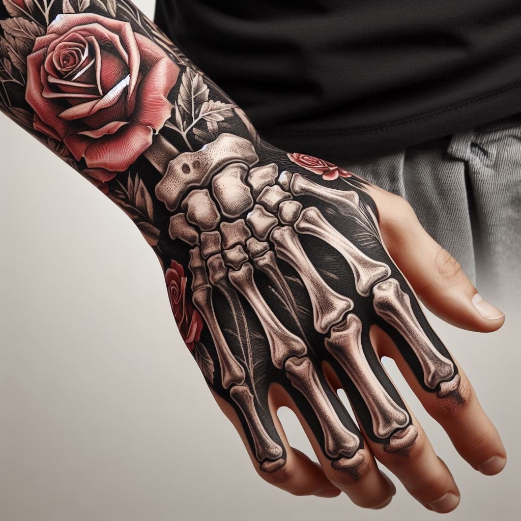 Skeleton Hand Tattoo: Unveiling the Power and Beauty of Bony Brilliance | Pocoko Hope Blooms on Bone: This Skeleton Hand Tattoo features a symbol of resilience. The meticulously detailed bones and joints intertwine with a vibrant pink rose blooming on the wrist. This design symbolizes the enduring hope for beauty and a new beginning, even in the face of mortality. #pocoko #skeletonhandtattoo #pinkrosetattoo #hopetattoo