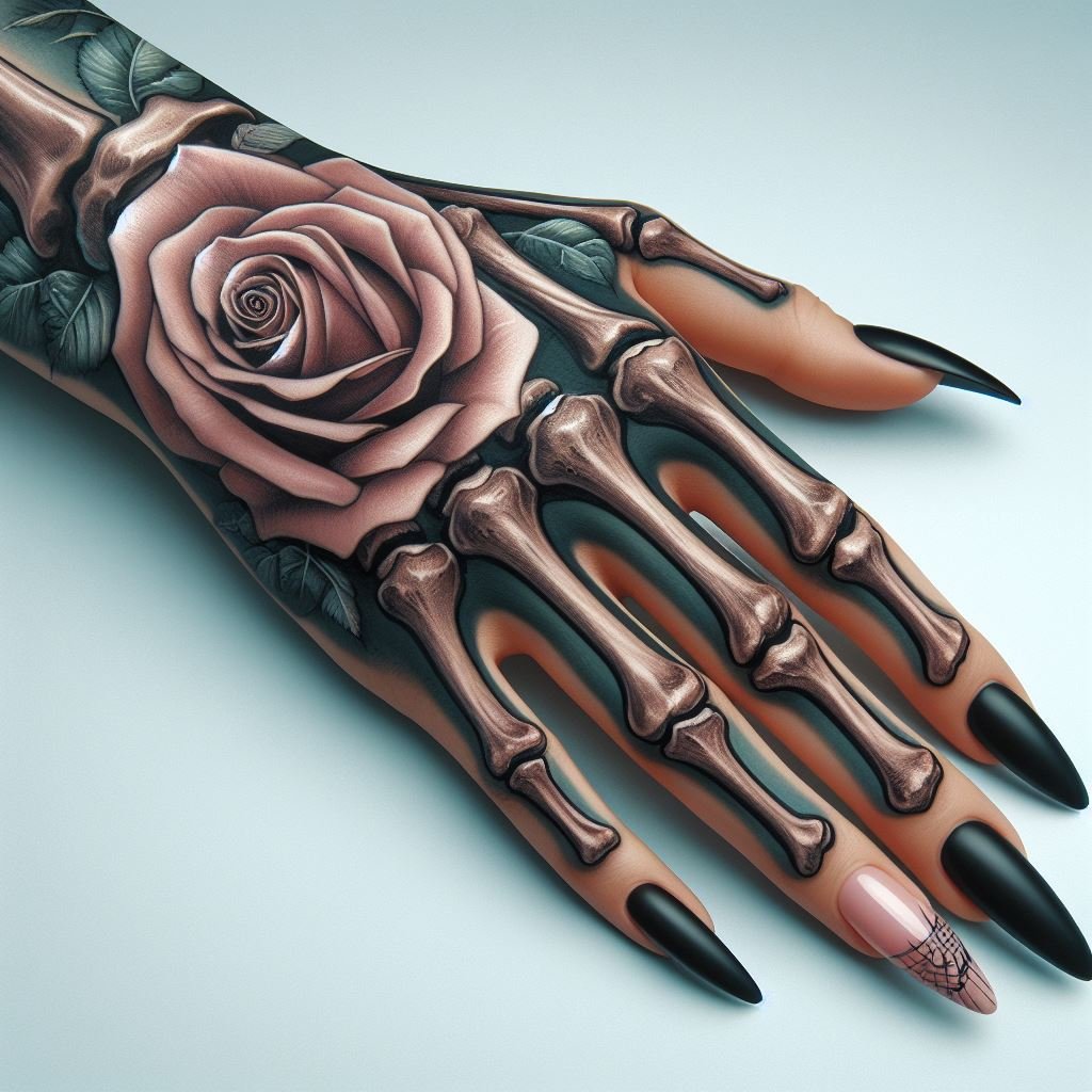 Skeleton Hand Tattoo: Unveiling the Power and Beauty of Bony Brilliance | Pocoko Delicate Beauty in Death: This Skeleton Hand Tattoo features a captivating contrast. The meticulously detailed bones and joints create a canvas for a delicate pink rose blooming on the wrist. This design symbolizes the enduring beauty and tenderness that can linger even after death. #pocoko #skeletonhandtattoo #pinkrosetattoo #gentletouch