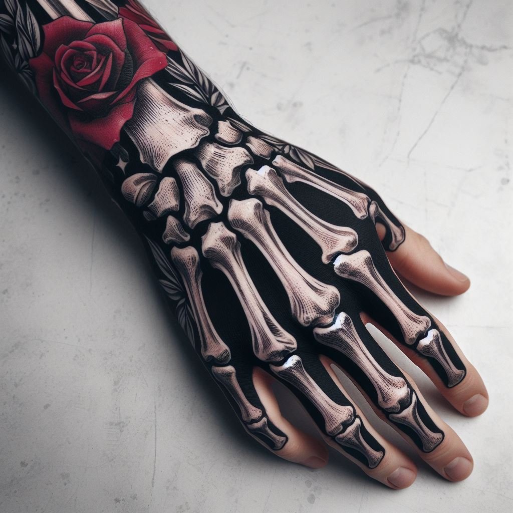 Skeleton Hand Tattoo: Unveiling the Power and Beauty of Bony Brilliance | Pocoko A Thorn Amongst the Bones: This Skeleton Hand Tattoo features a captivating juxtaposition. The meticulously detailed bones and joints form a hand, holding a vibrant rose with a single sharp thorn. This design represents the beauty and danger that coexist in life, even in the face of death. #pocoko #skeletonhandtattoo #rosetattoo #dualitytattoo