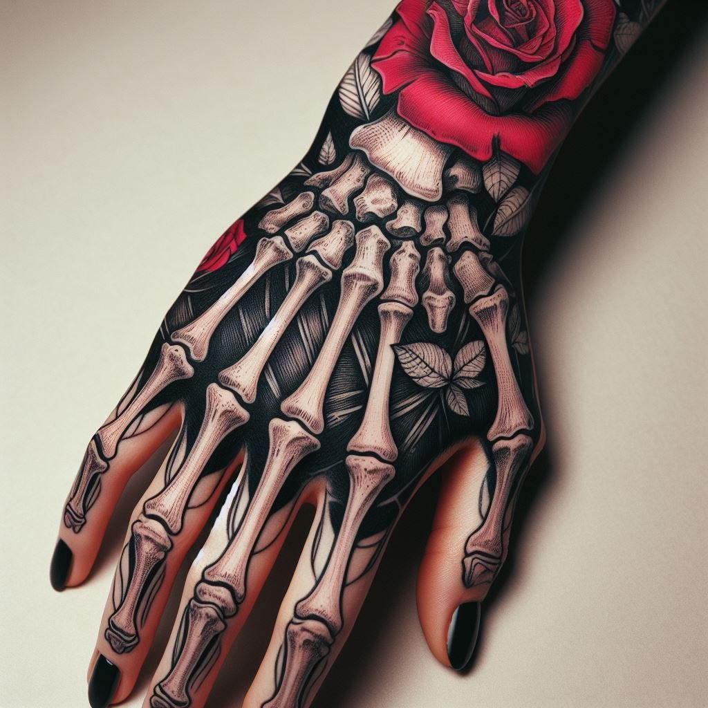 Skeleton Hand Tattoo: Unveiling the Power and Beauty of Bony Brilliance | Pocoko Blooming from Decay: This Skeleton Hand Tattoo presents a striking image. The meticulously detailed bones are partially obscured by a vibrant rose blooming from the wrist. This design symbolizes the beauty that can emerge from even the most unexpected places, even in the face of death. #pocoko #skeletonhandtattoo #rosetattoo #transformationtattoo