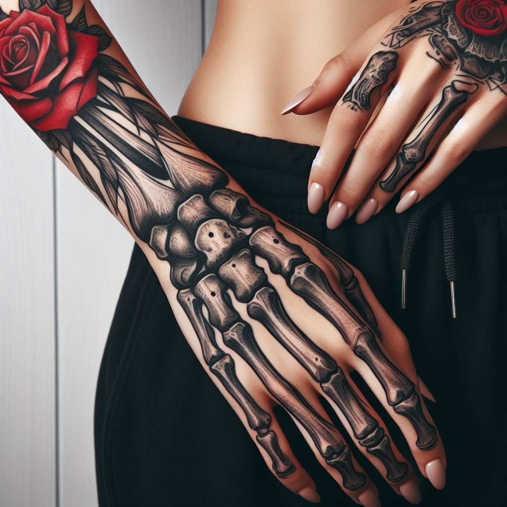 Skeleton Hand Tattoo: Unveiling the Power and Beauty of Bony Brilliance | Pocoko Undying Passion: This Skeleton Hand Tattoo boasts a captivating contrast. A meticulously detailed bone hand reaches out to hold a vibrant, fiery red rose. The design symbolizes the enduring passion that can burn brightly even in the face of mortality. #pocoko #skeletonhandtattoo #rosetattoo #passiontattoo