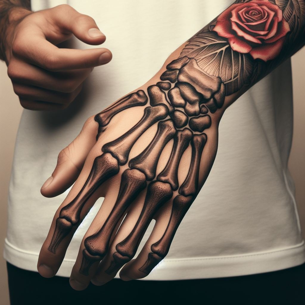 Skeleton Hand Tattoo: Unveiling the Power and Beauty of Bony Brilliance | Pocoko Life's Rose Blooms On: This Skeleton Hand Tattoo features a powerful image. The meticulously detailed bones form a hand that reaches out from a bed of roses. One vibrant rose blooms directly on the hand, symbolizing the continuation of life's beauty even after death. #pocoko #skeletonhandtattoo #rosetattoo #lifeaffirmationtattoo