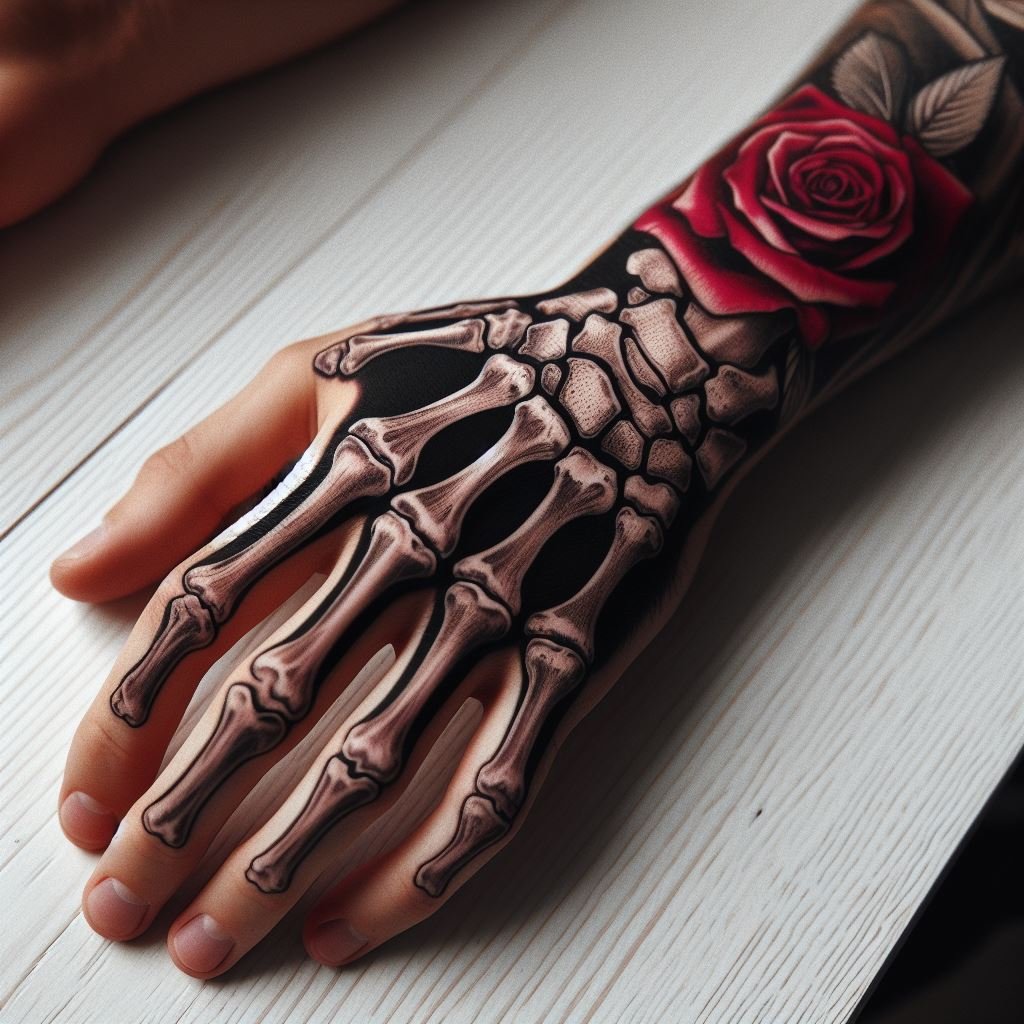 Skeleton Hand Tattoo: Unveiling the Power and Beauty of Bony Brilliance | Pocoko A Memento of Love: This Skeleton Hand Tattoo offers a personal touch. The meticulously detailed bones hold a single rose with a name or date inscribed on a petal. This design symbolizes a cherished memory of love that transcends mortality. #pocoko #skeletonhandtattoo #rosetattoo #memorialtattoo